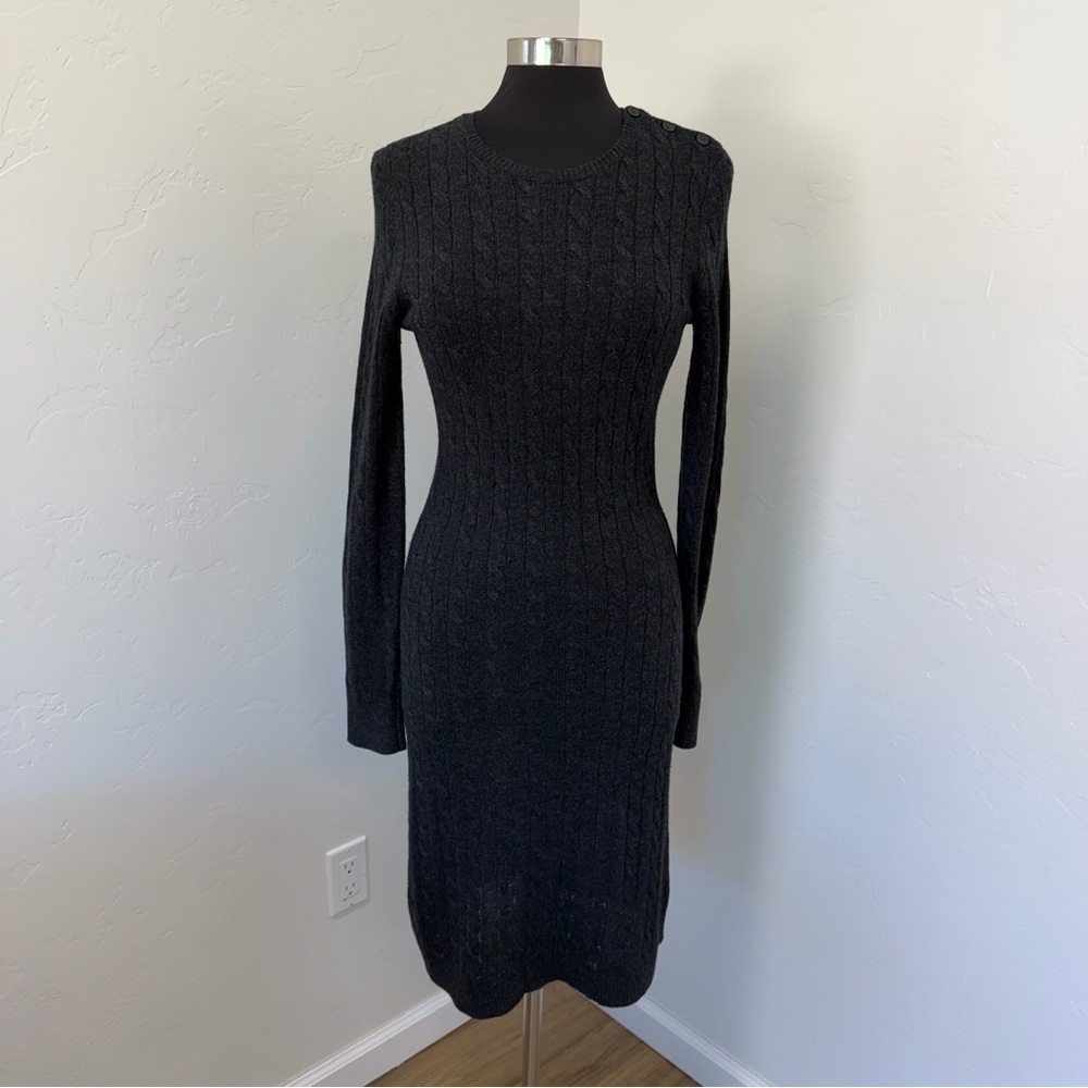 Lauren Ralph Lauren Black Cable Knit Long Sleeve Midi Sweater Dress Size M